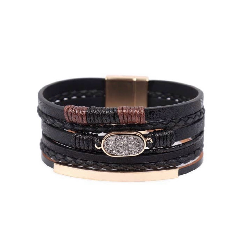 Multilayer Leather With Black Stone Magnetic Lock Bracelet 17$